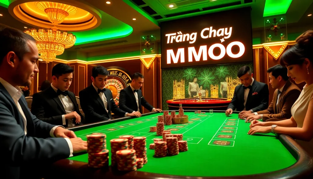 Exciting casino scene showcasing Trang Chủ MMOO with players at a poker table, vibrant chips, and roulette wheel.