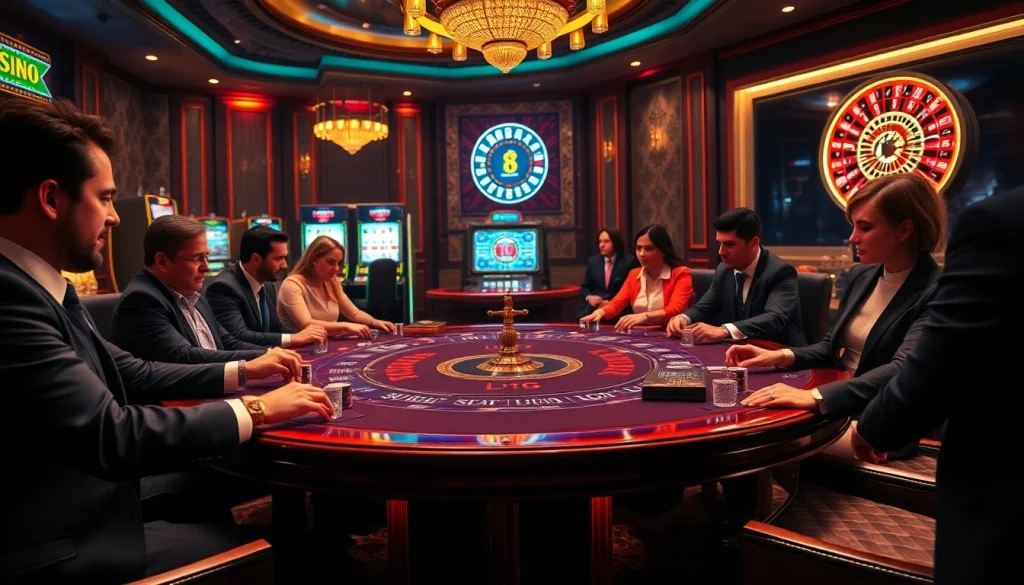 Người chơi trải nghiệm những chiến thắng nghẹt thở tại bàn casino LUCK8, được bao quanh bởi các máy đánh bạc đầy màu sắc.
