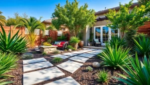 Landscape Design in San Antonio, TX featuring a vibrant backyard with native plants and modern seating.
