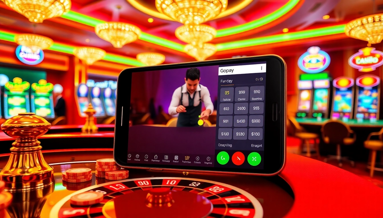 Engaging scene of players at a casino highlighting Gopay88 Daftar on a smartphone among vibrant slot machines.