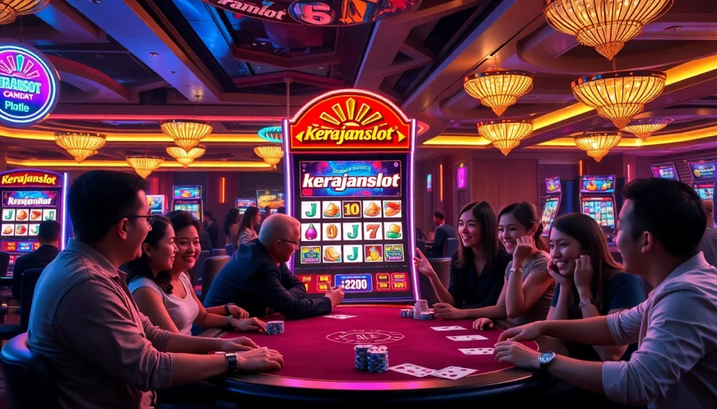 Players enjoying the kerajaanslot experience at a vibrant casino gaming table.