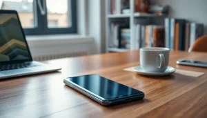 Samsung S8 smartphone showcased in a modern workspace with natural light.