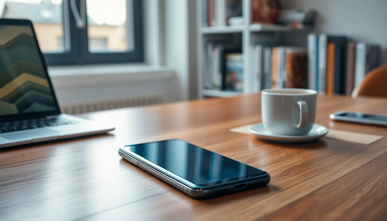 Samsung S8 smartphone showcased in a modern workspace with natural light.
