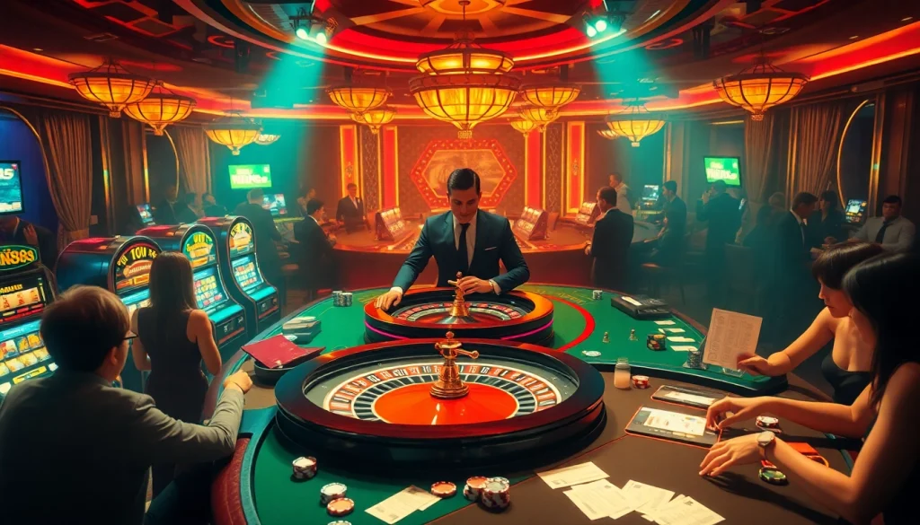 Players engaging in thrilling games at a luxurious casino featuring NK88 gaming elements.