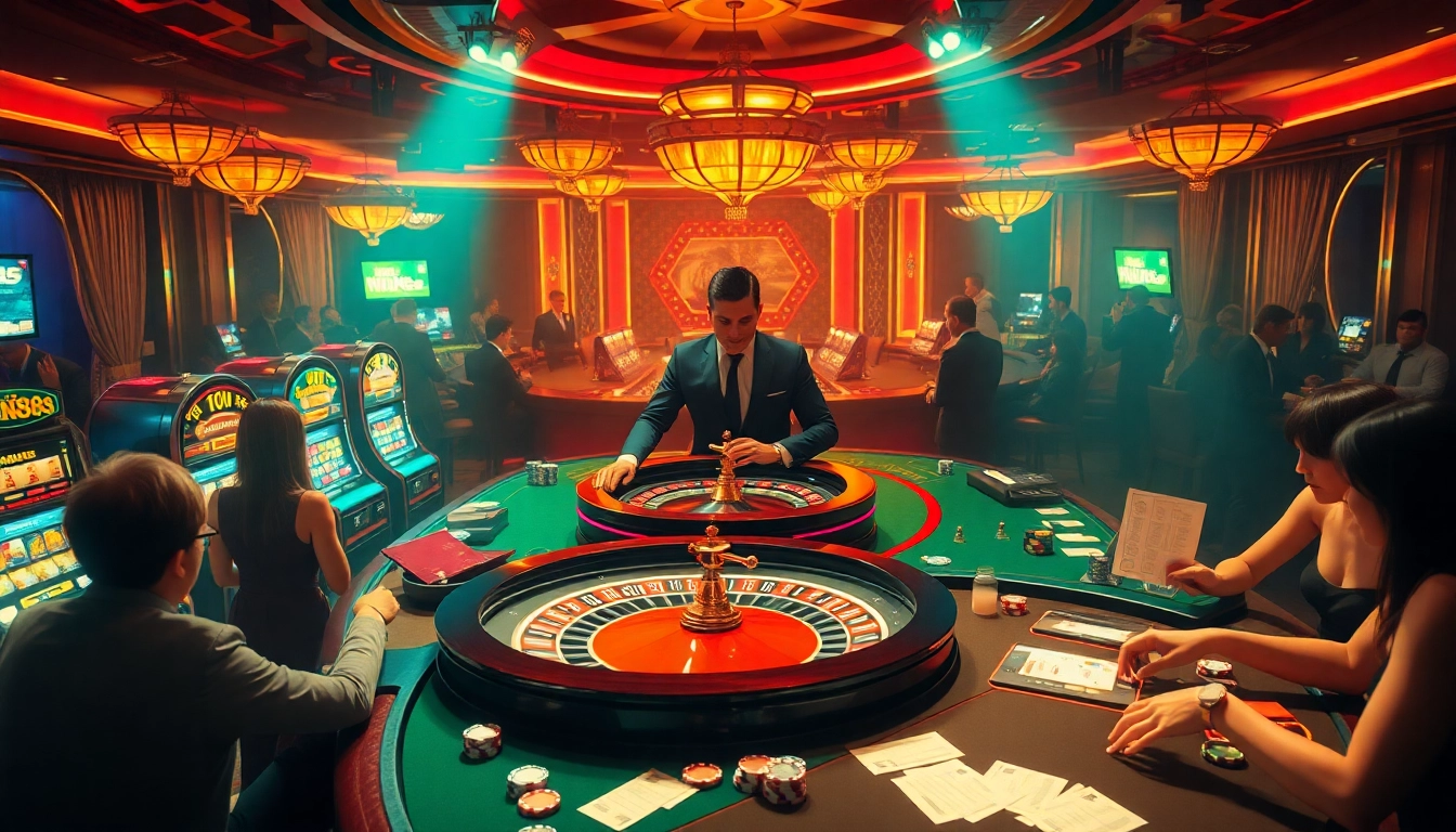 Players engaging in thrilling games at a luxurious casino featuring NK88 gaming elements.