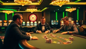 Experience the thrill of evo88 with high-stakes poker players at a luxurious casino table.