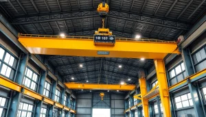 Double girder bridge crane lifting heavy loads in a modern warehouse setting, showcasing durability and advanced engineering.