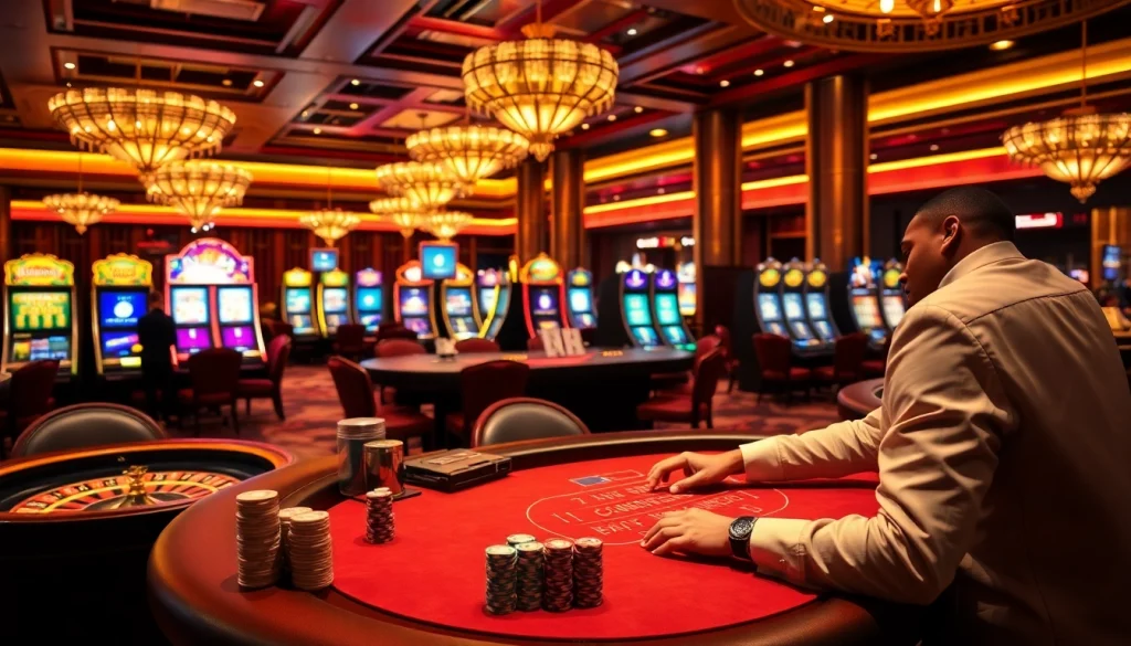 A thrilling gambling experience at https://go88.fast/ with a luxurious casino table showcasing cards, chips, and a focused player.