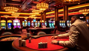 A thrilling gambling experience at https://go88.fast/ with a luxurious casino table showcasing cards, chips, and a focused player.