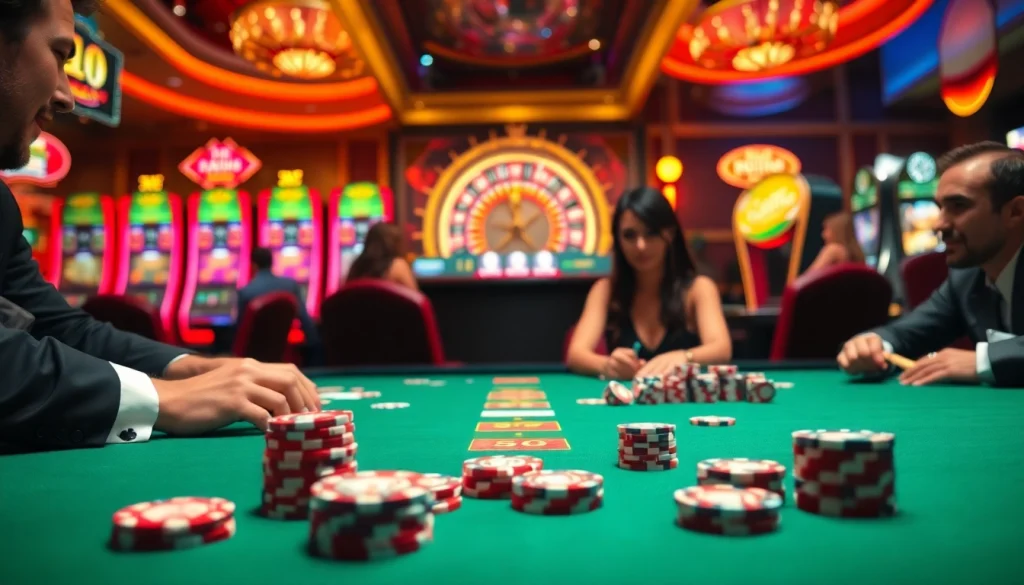 A vibrant casino table scene showcasing professional gambling activities at https://tt88.de.com with poker chips and slot machines, capturing the thrill of winning.