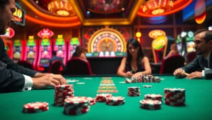 A vibrant casino table scene showcasing professional gambling activities at https://tt88.de.com with poker chips and slot machines, capturing the thrill of winning.