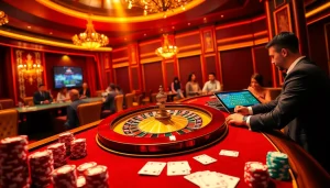 LODE88 bets at a vibrant casino table with colorful poker chips and a spinning roulette wheel.