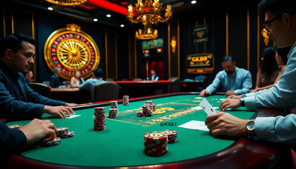 Players enjoying an exciting hand at GK88 poker table with chips and cards spread out.