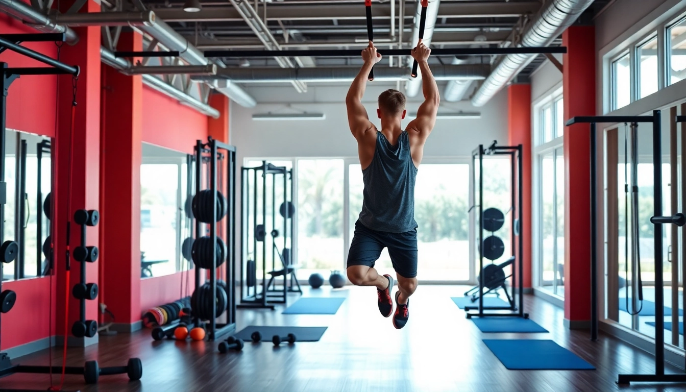 Person performing assisted pull-up bands workout in a modern gym