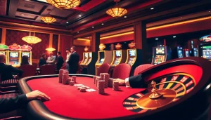 Engaging casino scene showcasing online gambling excitement at Lc88x.com with poker and roulette.