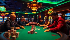 Poker players strategizing at a luxurious table in a vibrant casino, showcasing the excitement of 5z777 gaming.