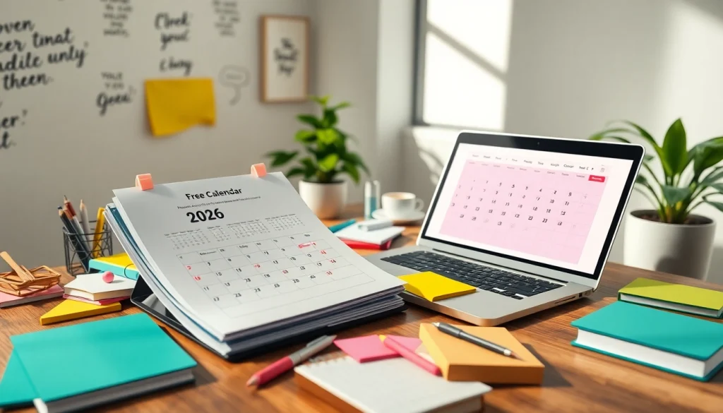 Engaging workspace featuring a free calendar 2026, vibrant stationery, and digital planning tools.