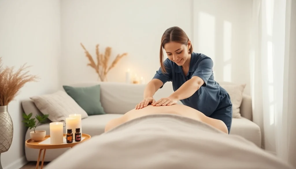 전문 치료사와 함께하는 편안한 출장마사지 홈 설정, 차분한 분위기 및 진정 요소들.