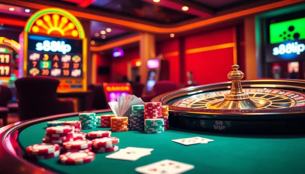 Engage in thrilling gameplay at the s88vip casino table featuring vibrant chips and cards.