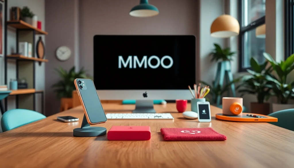 Stylish MMOO workspace featuring trendy phone holders and tech accessories in a modern setting.