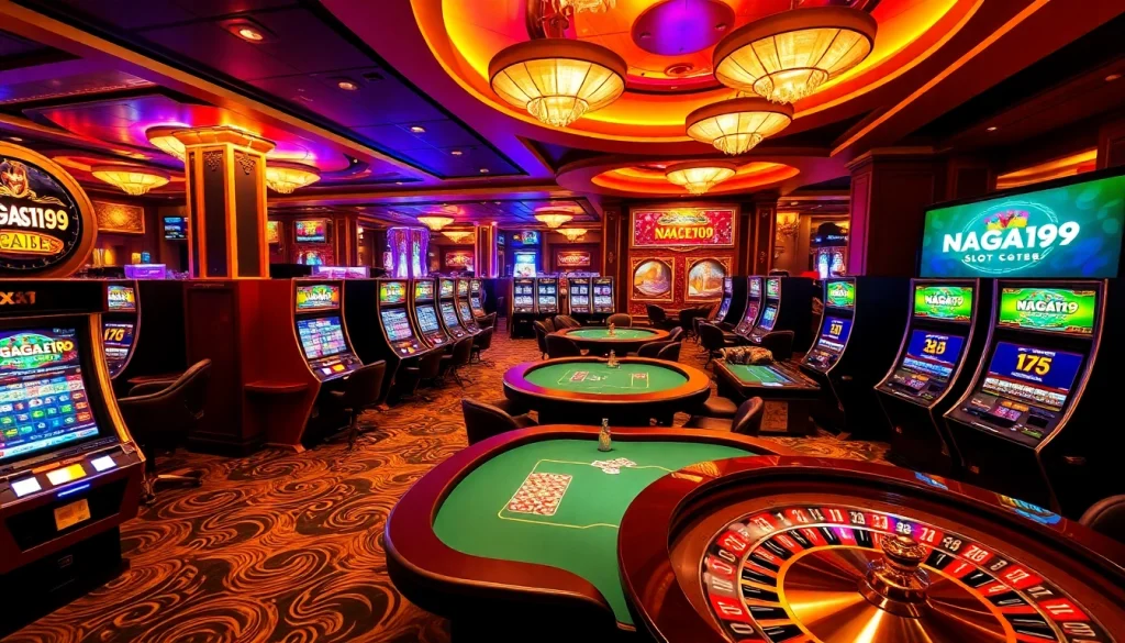 Naga169 slot login features gaming excitement with luxury casino elements and vibrant slot machines.