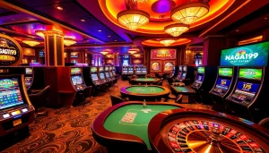 Naga169 slot login features gaming excitement with luxury casino elements and vibrant slot machines.