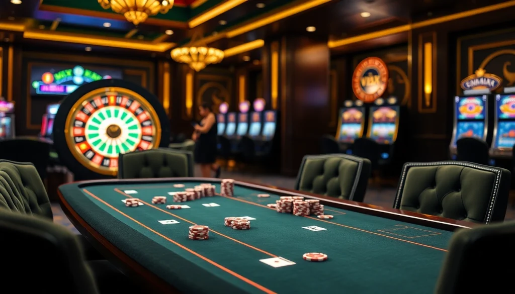 Play exciting VMAX casino games at a luxurious gambling table with poker chips and lights.