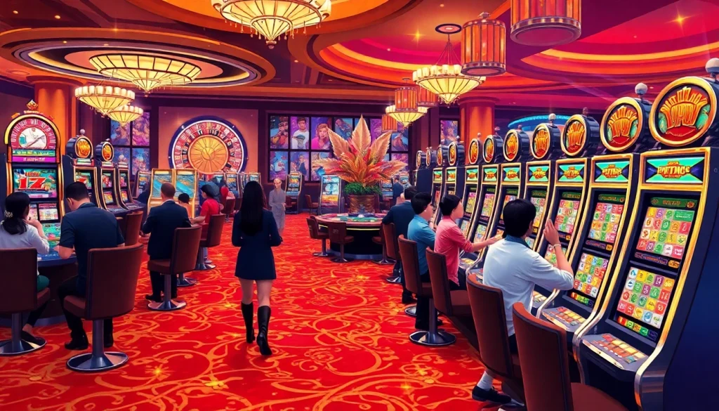Exciting players spinning nổ hũ 90 themed slot machines in a vibrant casino atmosphere.