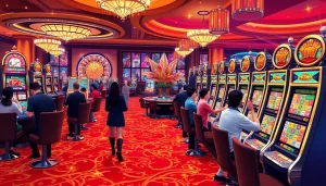 Exciting players spinning nổ hũ 90 themed slot machines in a vibrant casino atmosphere.