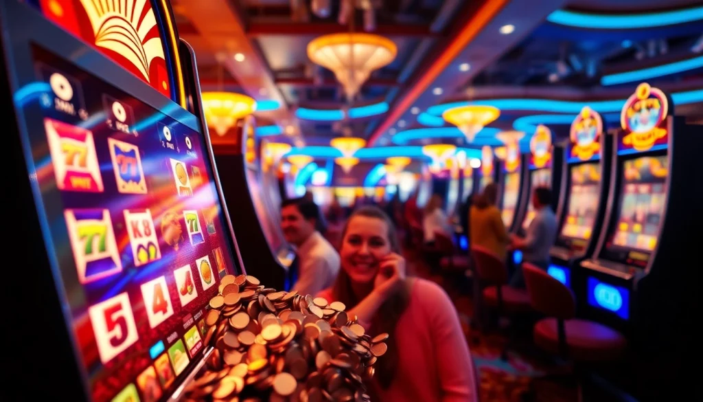 Permainan slot depo 1k yang menarik, dengan mesin slot penuh koin di arena kasino yang ceria.