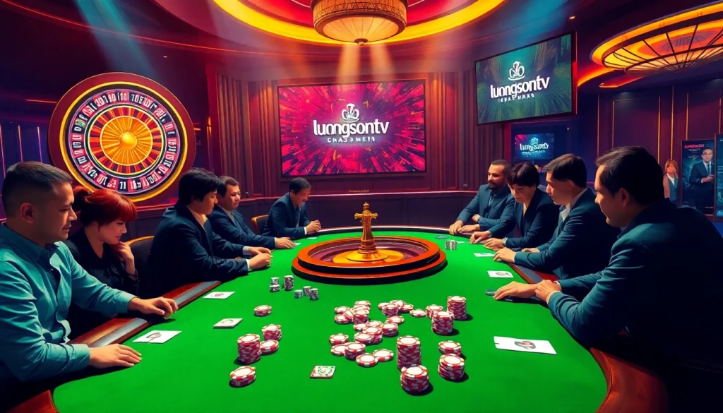Experience the thrill of gambling with luongsontv at a vibrant poker table surrounded by excited players.