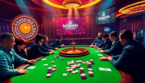 Experience the thrill of gambling with luongsontv at a vibrant poker table surrounded by excited players.