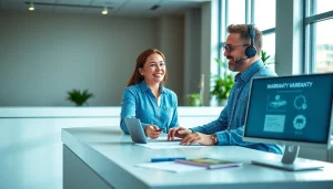 Engaging customer first warranty experience showing a representative assisting a happy customer.