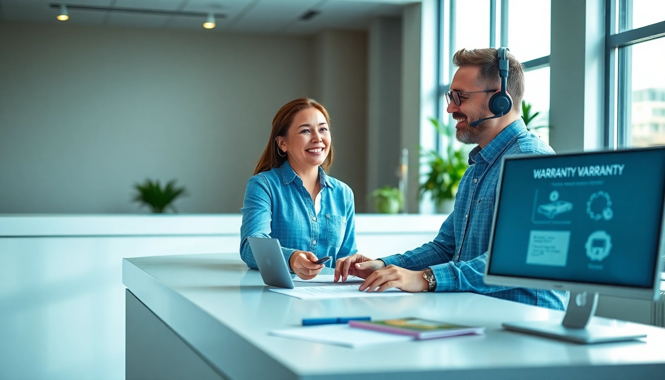 Engaging customer first warranty experience showing a representative assisting a happy customer.