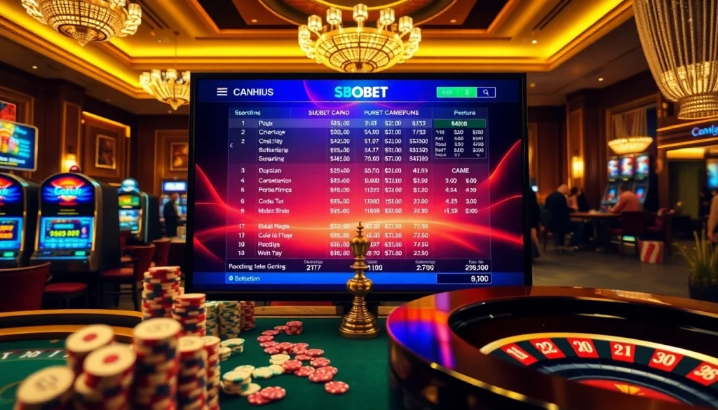 SBOBET betting interface amidst casino elements showcasing excitement and luxury in online gambling.