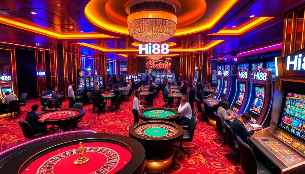 Players enjoying a thrilling gaming experience at Hi88's vibrant casino, showcasing poker and slot machines.