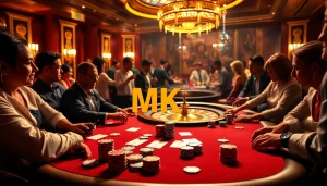 Exciting casino scene with MK8 branding, showcasing thrilling gambling activity at a poker table.