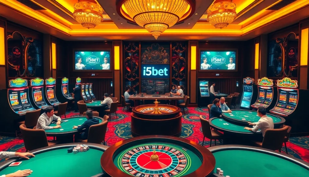 Experience high-stakes gaming at i5bet with luxurious poker tables and vibrant slot machines.