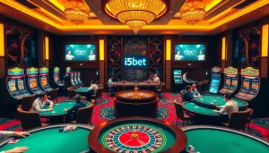 Experience high-stakes gaming at i5bet with luxurious poker tables and vibrant slot machines.
