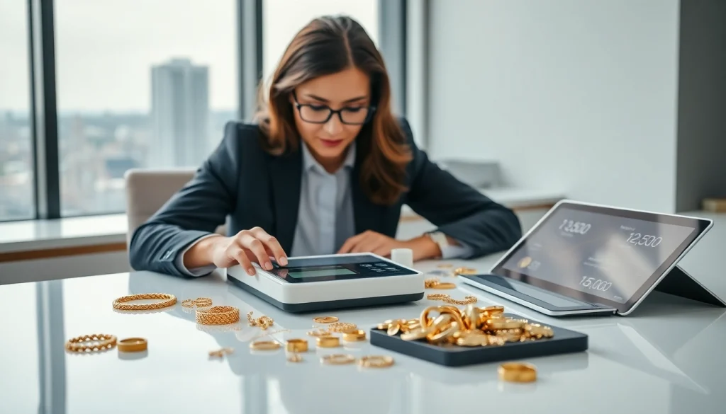 Compro oro a distanza con un professionista in un ambiente moderno che analizza oro e gioielli