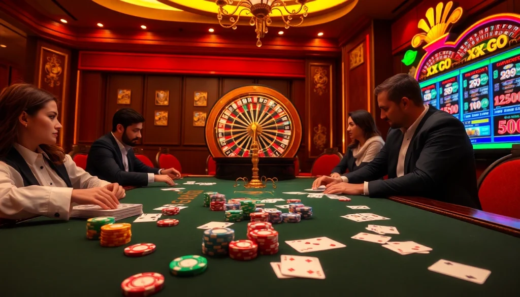 Experience high-stakes gambling excitement with xxgg at a luxurious poker table, showcasing vibrant chips and cards.