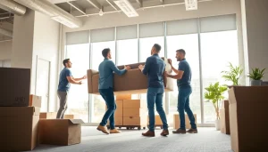 Local Movers efficiently lifting furniture in a bright office setting.