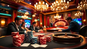 High-stakes poker action showcasing the kjc website with vibrant chips and cards in a luxurious casino setting.