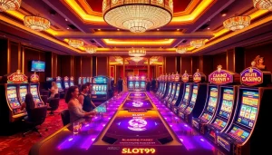 SLOT99 casino scene featuring players enjoying luxurious slot machines, illuminated ambiance, and vibrant excitement