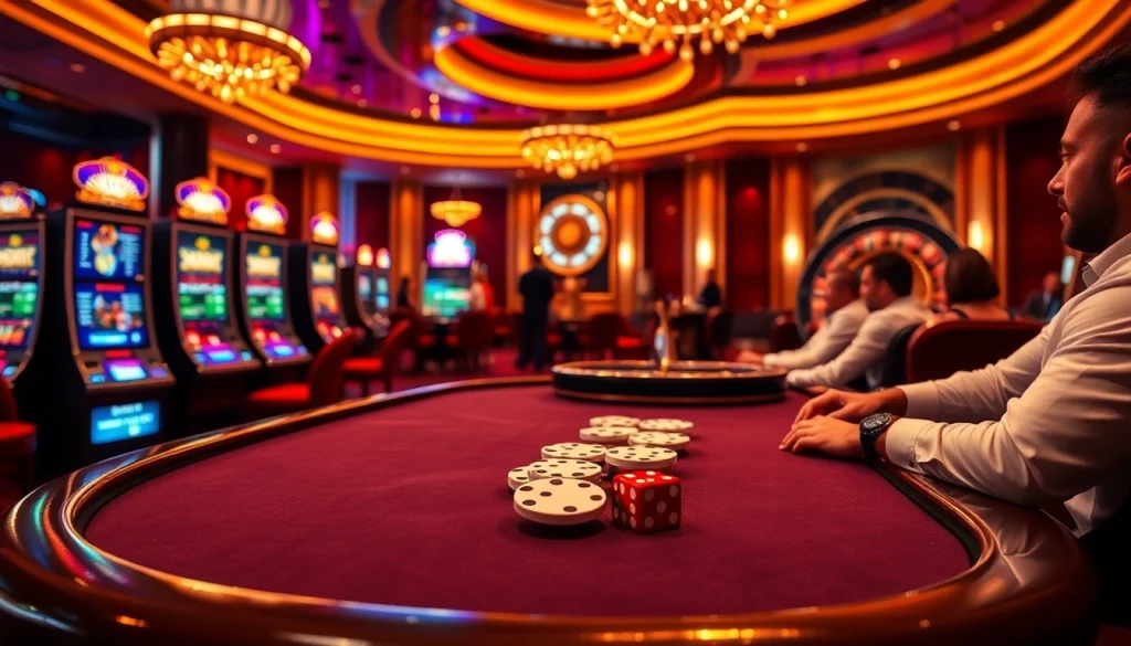 Môi trường casino đầy phấn khích với người chơi tham gia trò poker BetVIP với cược cao giữa các máy đánh bạc.
