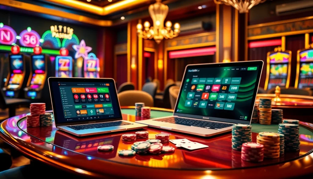 Experience the thrill of online gambling at New88bet.us with vibrant casino scenes and professional betting setups.