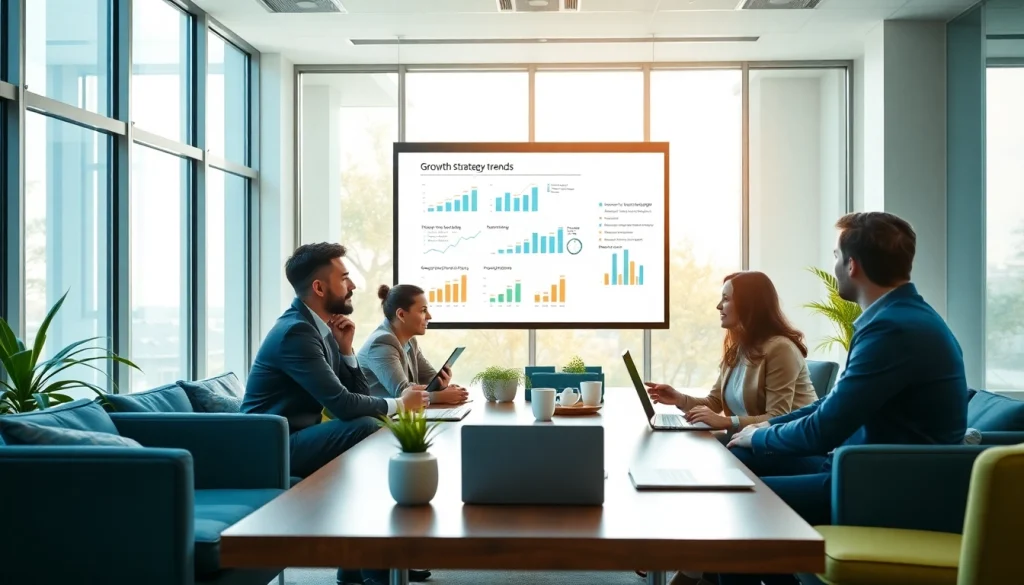 Analyze growth strategy trends during a business meeting with a diverse team collaborating effectively.