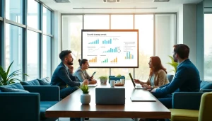 Analyze growth strategy trends during a business meeting with a diverse team collaborating effectively.