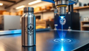 Lazerinis graviravimas ant gertuvių ant stilingo nerūdijančio plieno vandens buteliuko modernioje dirbtuvėje.