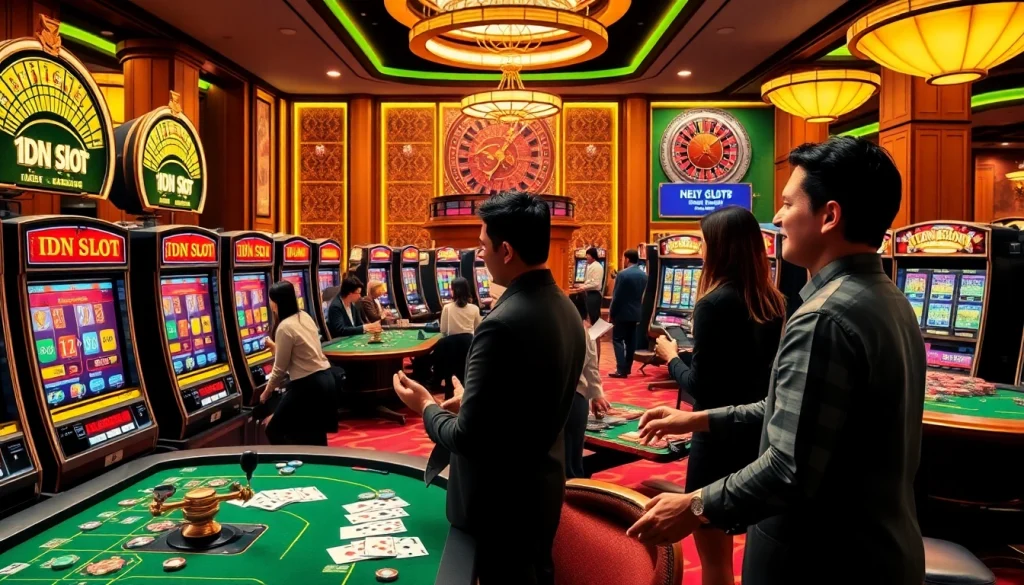 IDN Slot gaming excitement in a vibrant casino with players and illuminated machines.